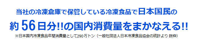 当社の冷凍倉庫で保管している冷凍食品で日本国民の約56日分!!の国内消費量をまかなえる!!※日本国内冷凍食品年間消費量として290万トン（一般社団法人日本冷凍食品協会の統計より抜粋）